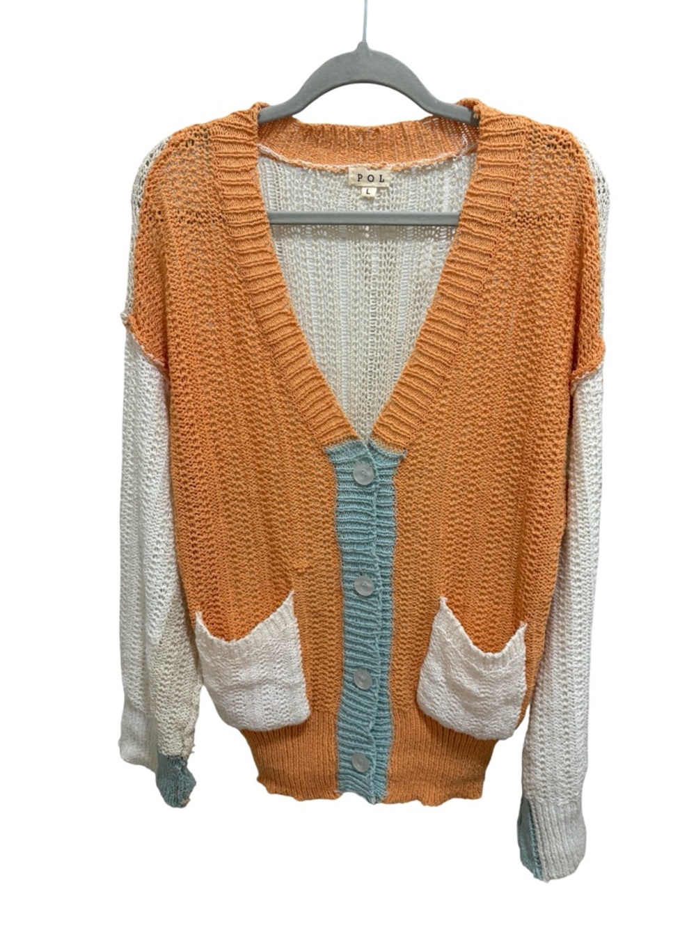 POL Oversized Colorblock Crochet Knit Cardigan - Boho V-Neck - Large